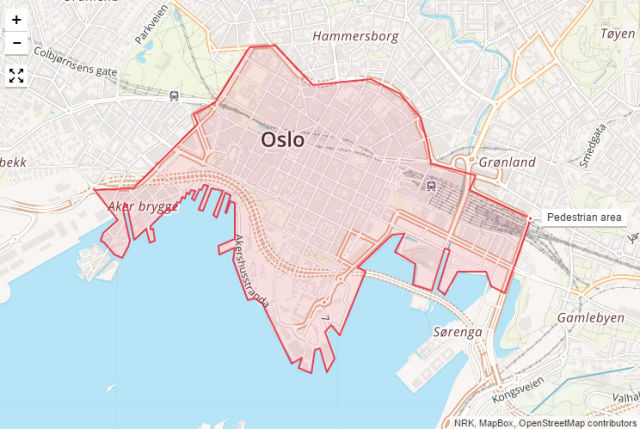 Mapa de Oslo publicado pelo site norueguês NRK mostrando a zona livre de carros proposta. 