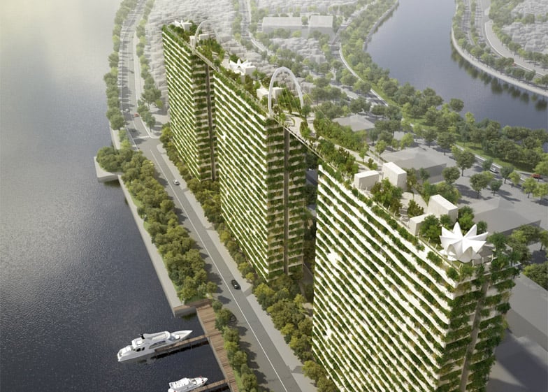Parque linear na cobertura conecta edifícios residenciais no Vietnã