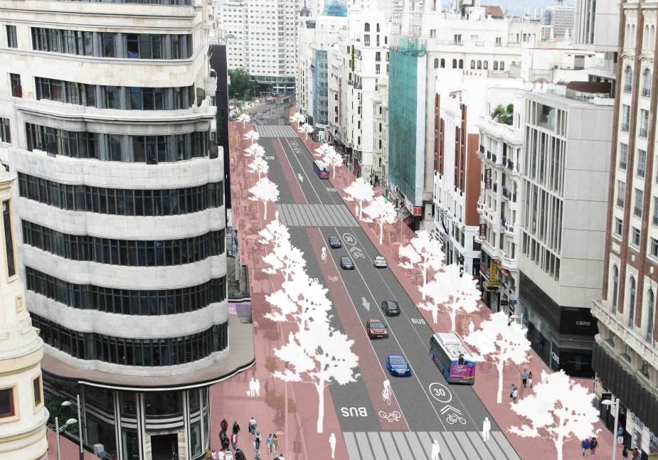 Principal rua de Madri terá mais espaço para calçadas, árvores e bicicletas