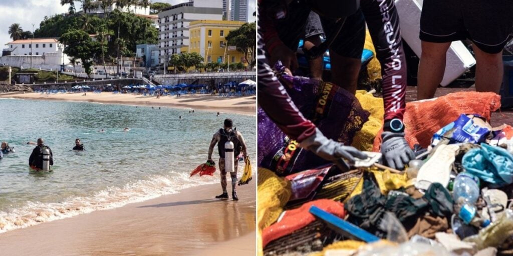 Limpeza subaquática
Projeto limpou cerca de 300kg de lixo em águas de Salvador durante o Carnaval