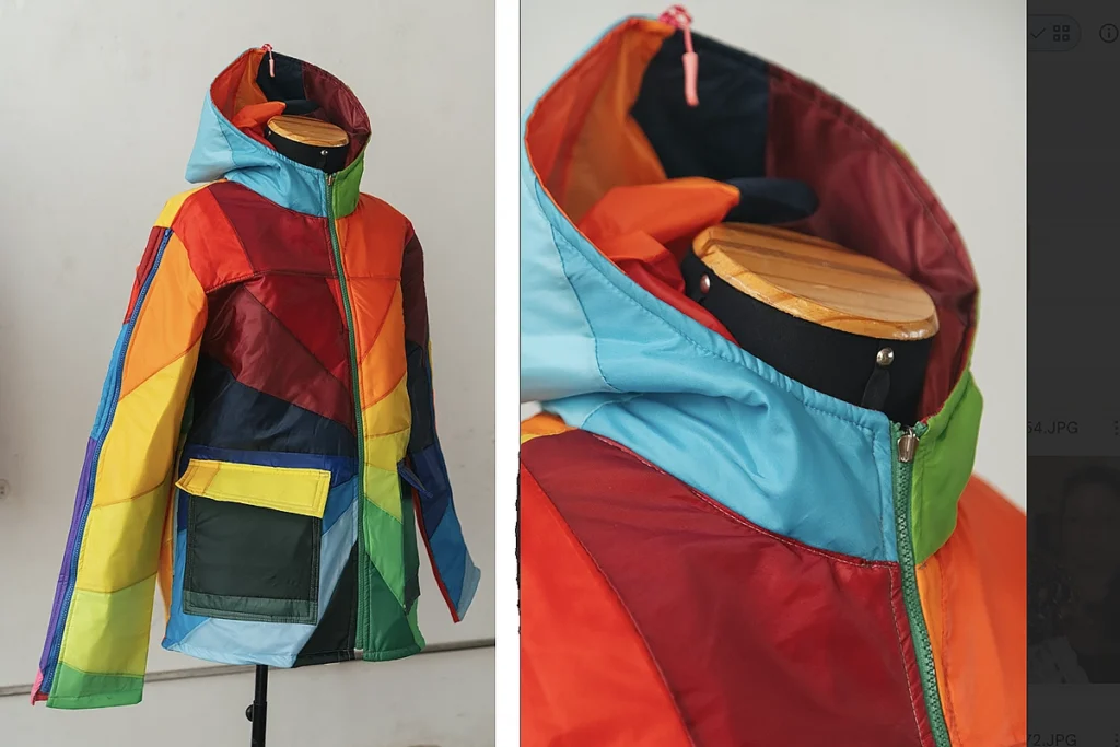 jaqueta feita com nylon de guardas-chuvas descartados.